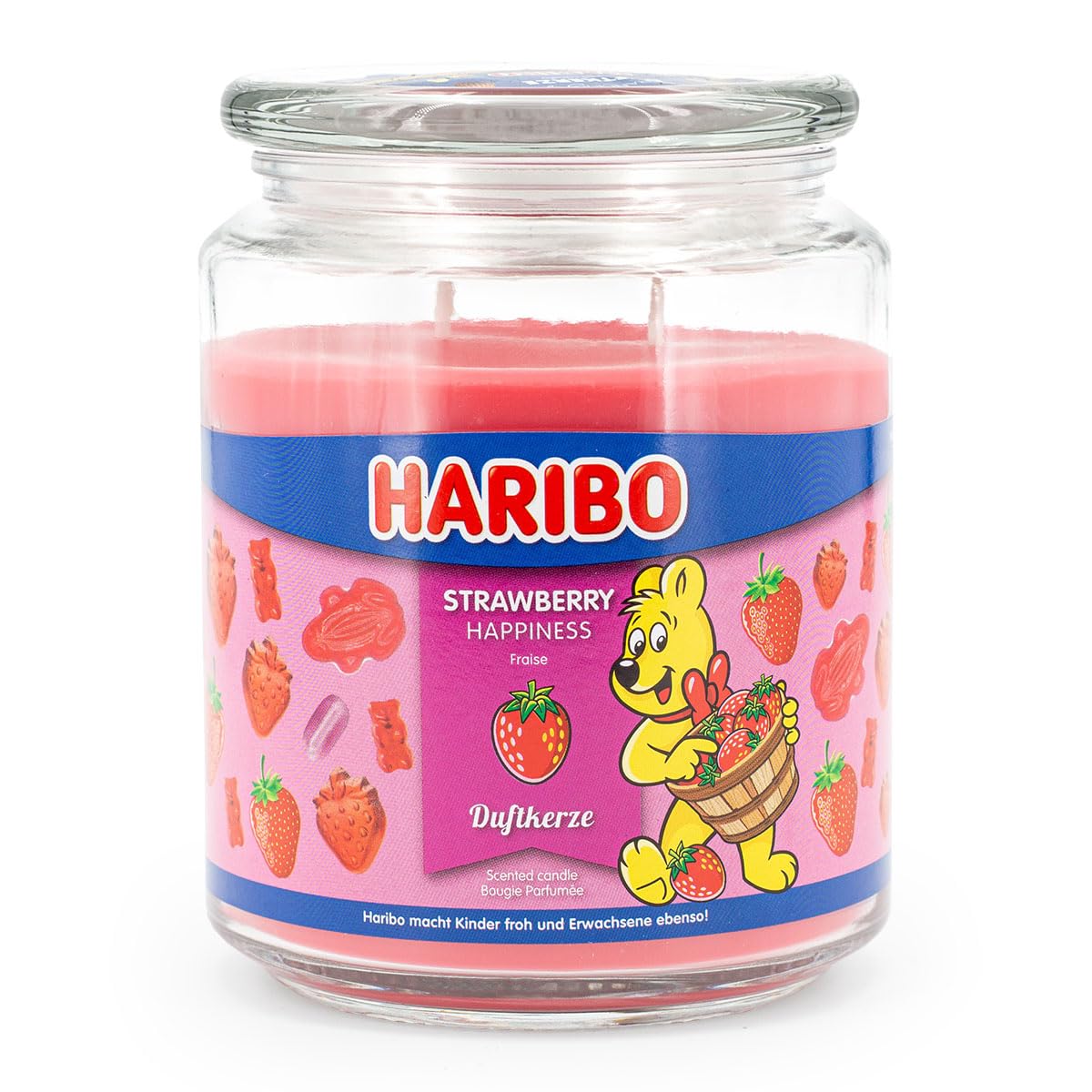 Haribo Strawberry Happiness Scented Candle in Glass with Lid - Fruity, Long Burning Time (100 h), Large (510 g), Pink