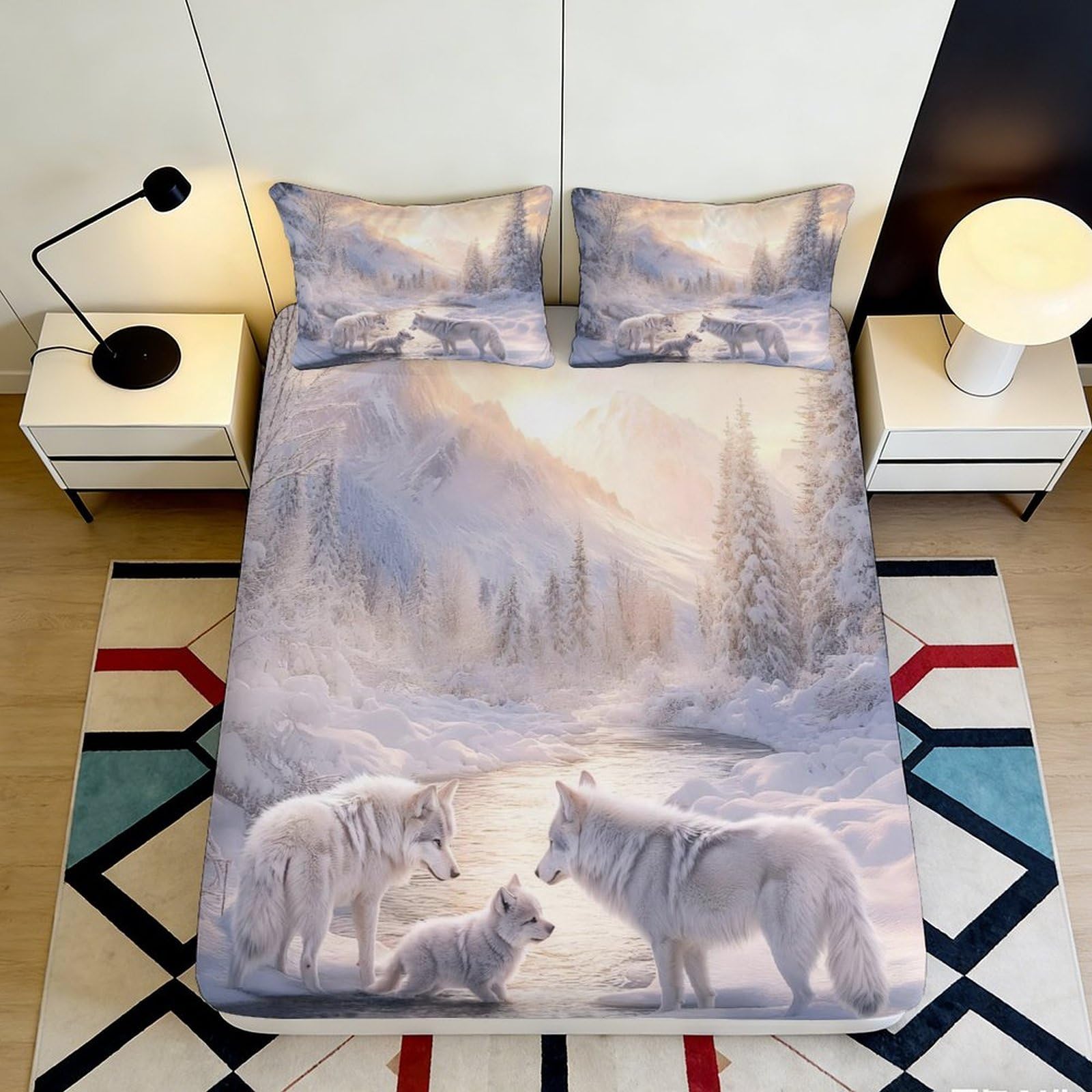 3D Printed Winter Wolf Fitted Sheet Microfiber Soft Breathable Snowy Forest Bed Cover for Bedroom Dormitory Guest Room Mattress Protection Decor 200x200x25cm