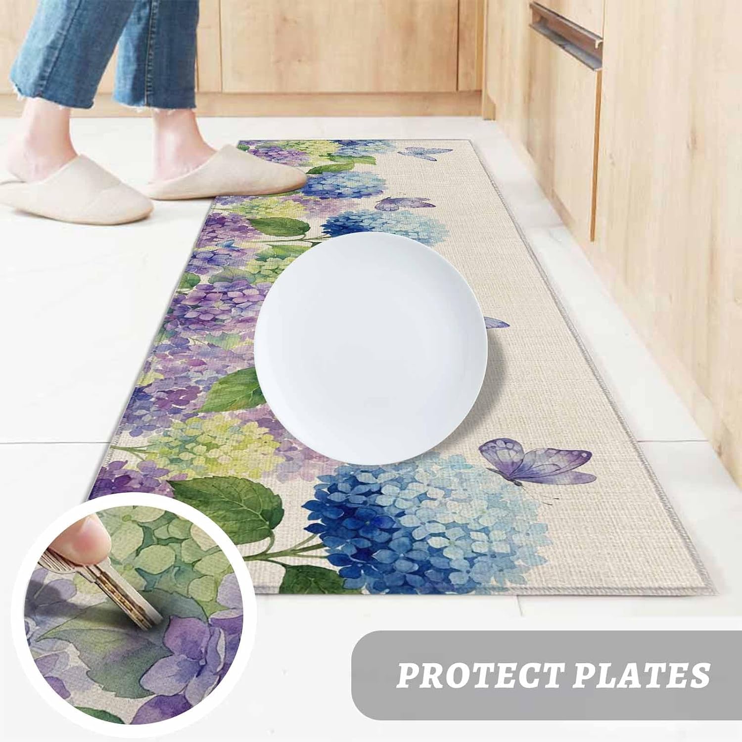 Kitchen Mats for Floor Summer Hydrangea Butterfly Washable Non Slip Kitchen Rugs 1PCS, Pastoral Colorful Flower Retro Linen Absorbent Standing Mats for Sink Bathroom Office Living Room 15.7x47.2in