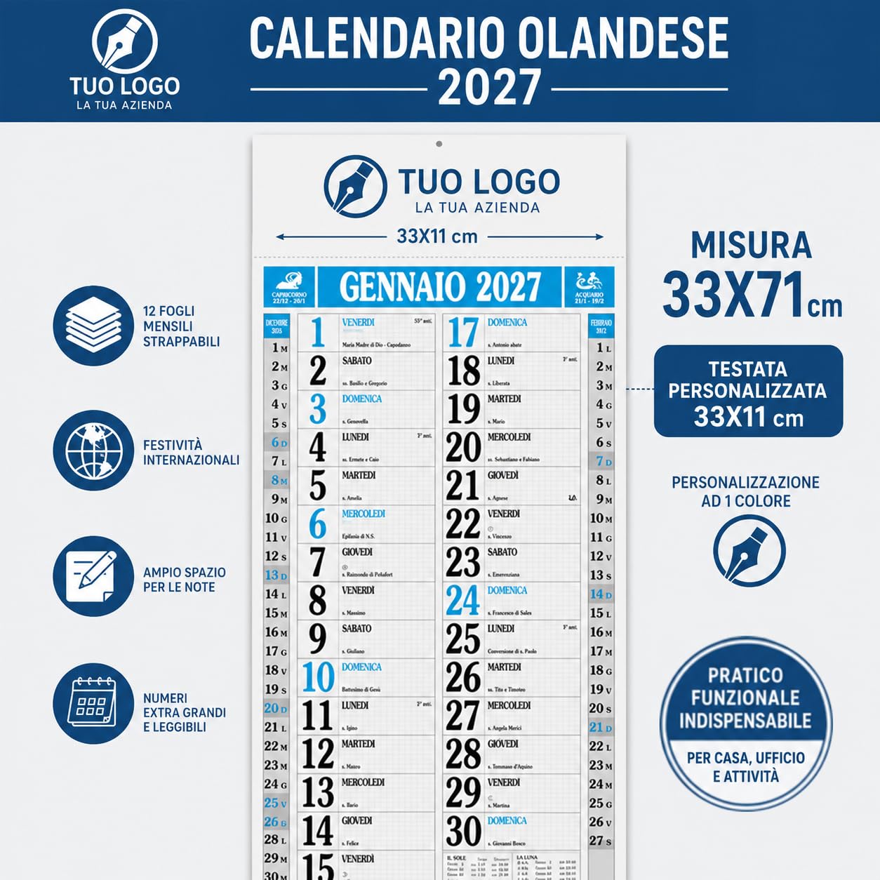 Calendari Personalizzati 2027 in Stock da 50 Pezzi Olandesi Grandi da Muro Notes Retro per Gadget Pubblicitari di Fine Anno e come Omaggio per i Clienti o Regali Aziendali | PA523
