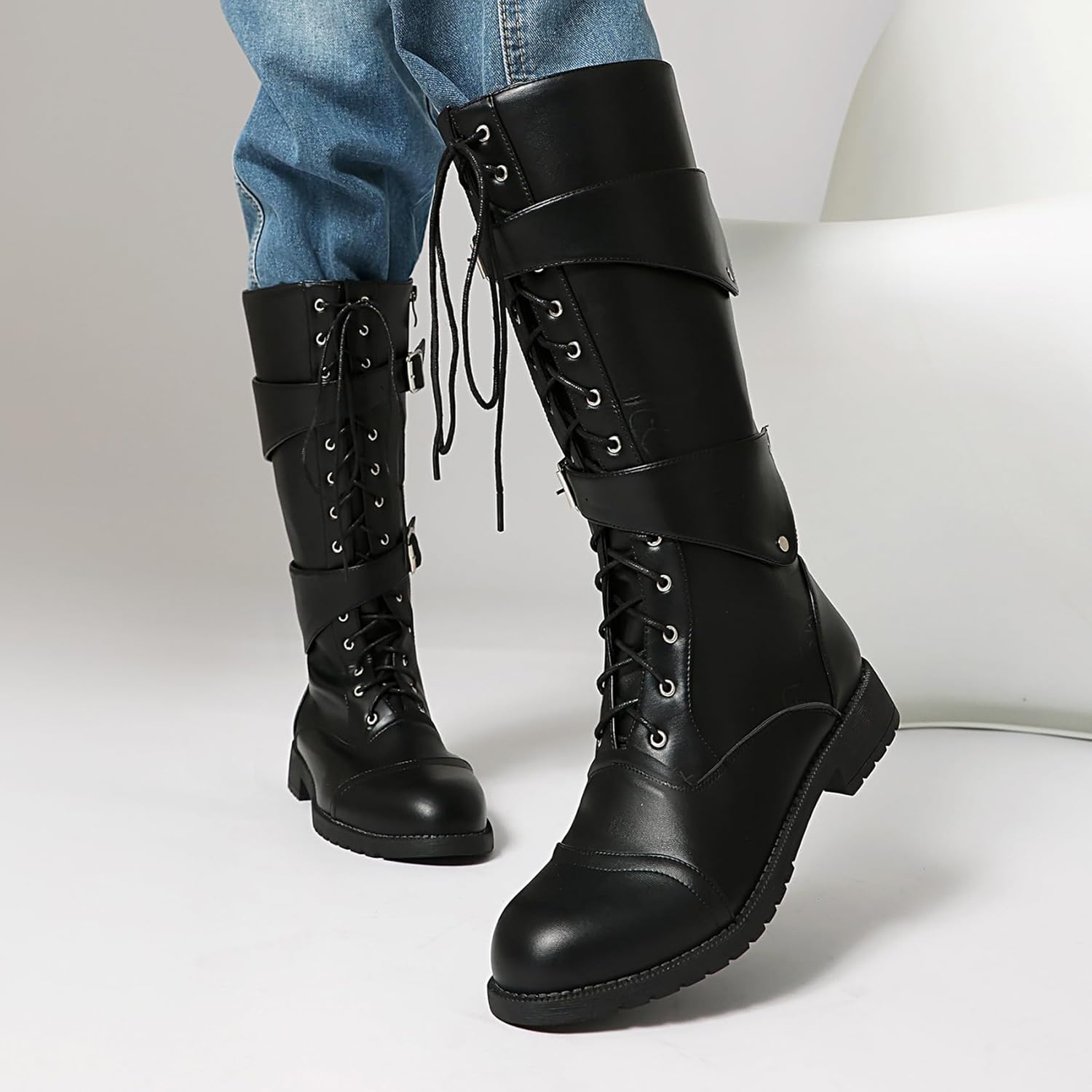 Leather Boots - High Calf Medieval & Renaissance Style with Buckle Straps, Round Toe for Motorcycle,Black,10