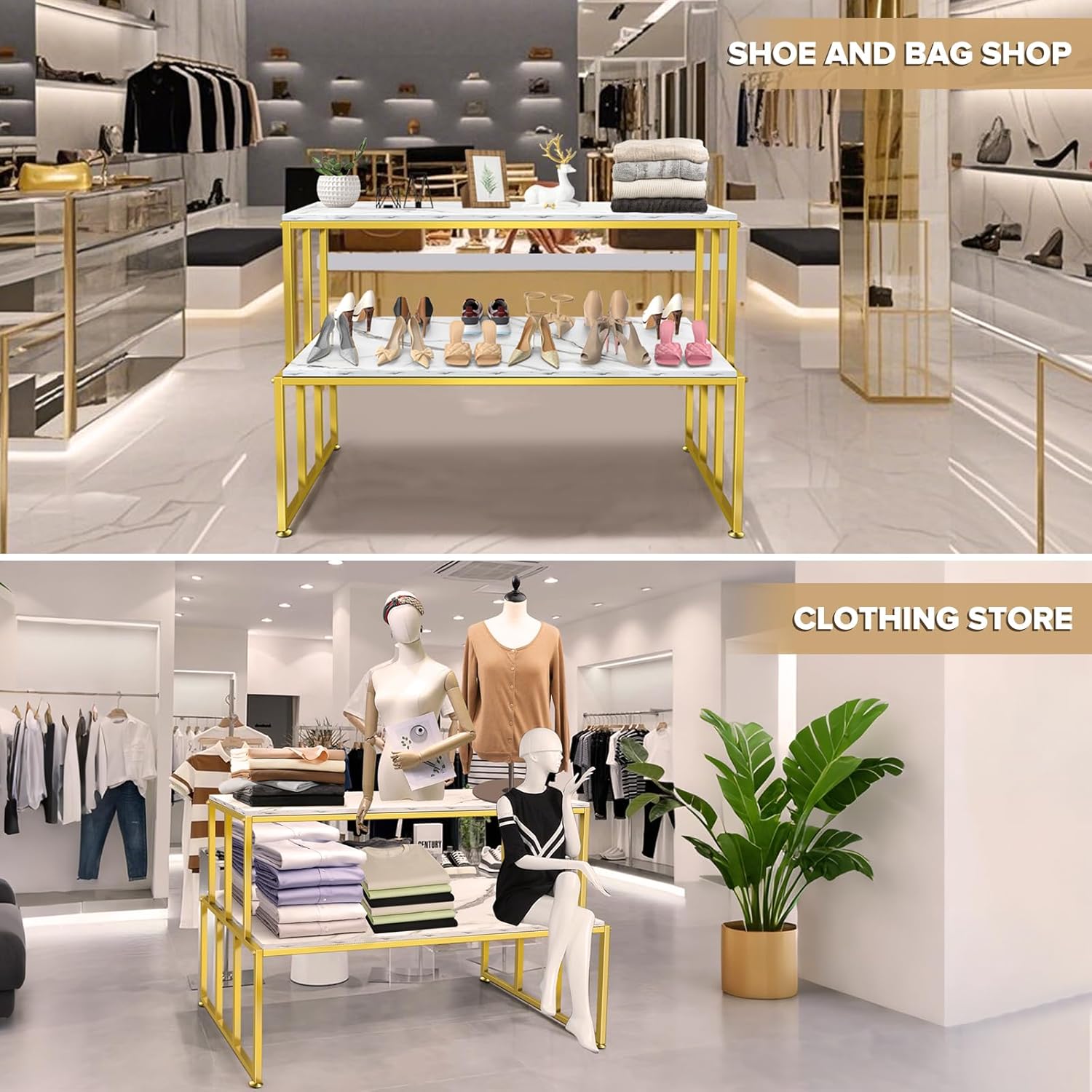 2 Tier Retail Display Table for Shoes & Handbags, Gold Metal and Wood Boutique Display Stand, Heavy Duty Display Riser Shelf for Clothing Stores, Vendor Events, Showroom & Home, 45.2"