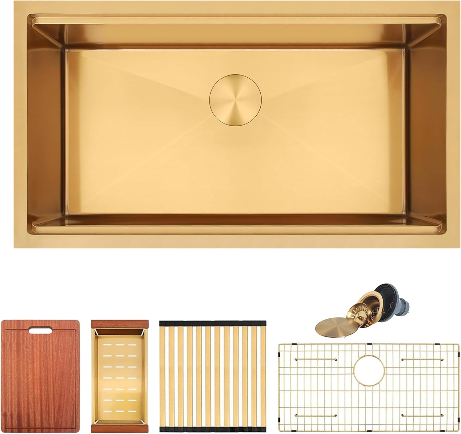 Gold Undermount Kitchen Sink 33 Inch,16 Gauge SUS304 Stainless Steel All In One Workstation Sinks With Full Set Accessories, 33" x 18" x 10" Large and Deep Handmade Single Bowl Kitchen Sinks