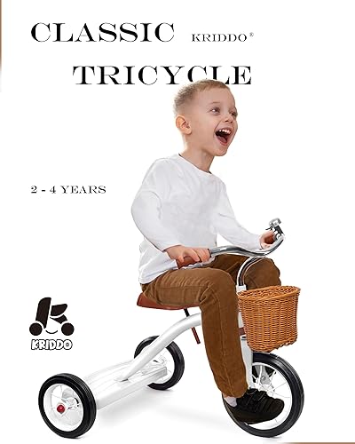 Miniatura 8 de KRIDDO Triciclo clásico de metal para niños pequeños, regalo para niños y niñas de 2 a 4 años, triciclo para niños de 1 a 3 años, cubierta trasera