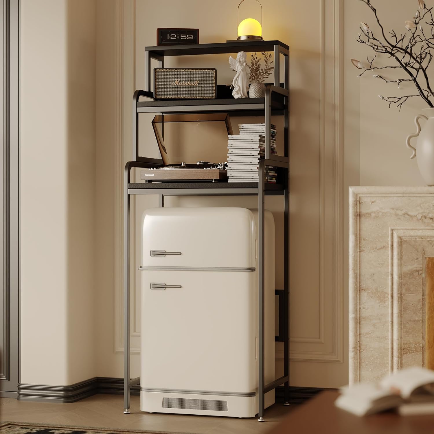 4-Tier Mini Fridge Stand with Storage,Mini Fridge Cabinet with Storage,Microwave Stand,Bakers Rack,Microwave Oven Stand with Storage,Mini Fridge Shelf for Home Office Dorm (Black Wood Grain)