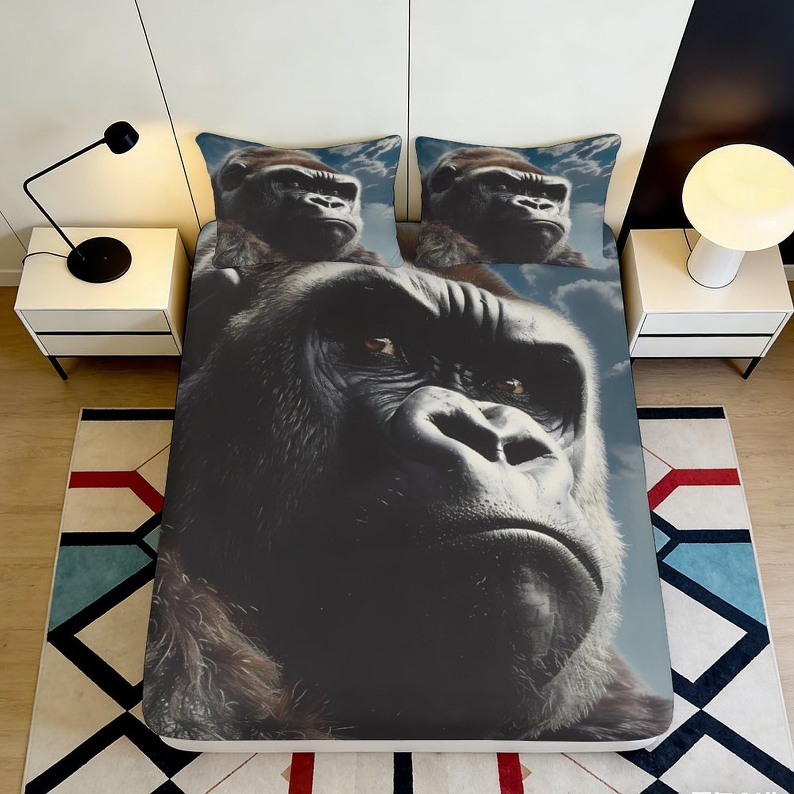 3D Printed Gorilla Jungle Fitted Sheet Microfiber Soft Breathable Wild Animal Mattress Cover for Bedroom Dorm Bed Protection Decor 180x200x25cm