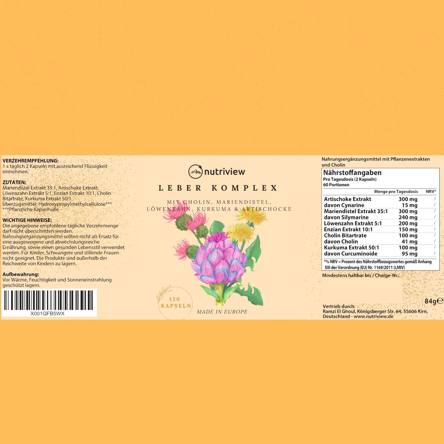 Mariendistel Artischocke Löwenzahn Leber Komplex mit Kurkuma, Enzian & Cholin - 120 Kapseln - Hochdosiert mit 80% Silymarin & 5% Cynarin - Ohne Zusätze - Vegan - Bitterstoffe