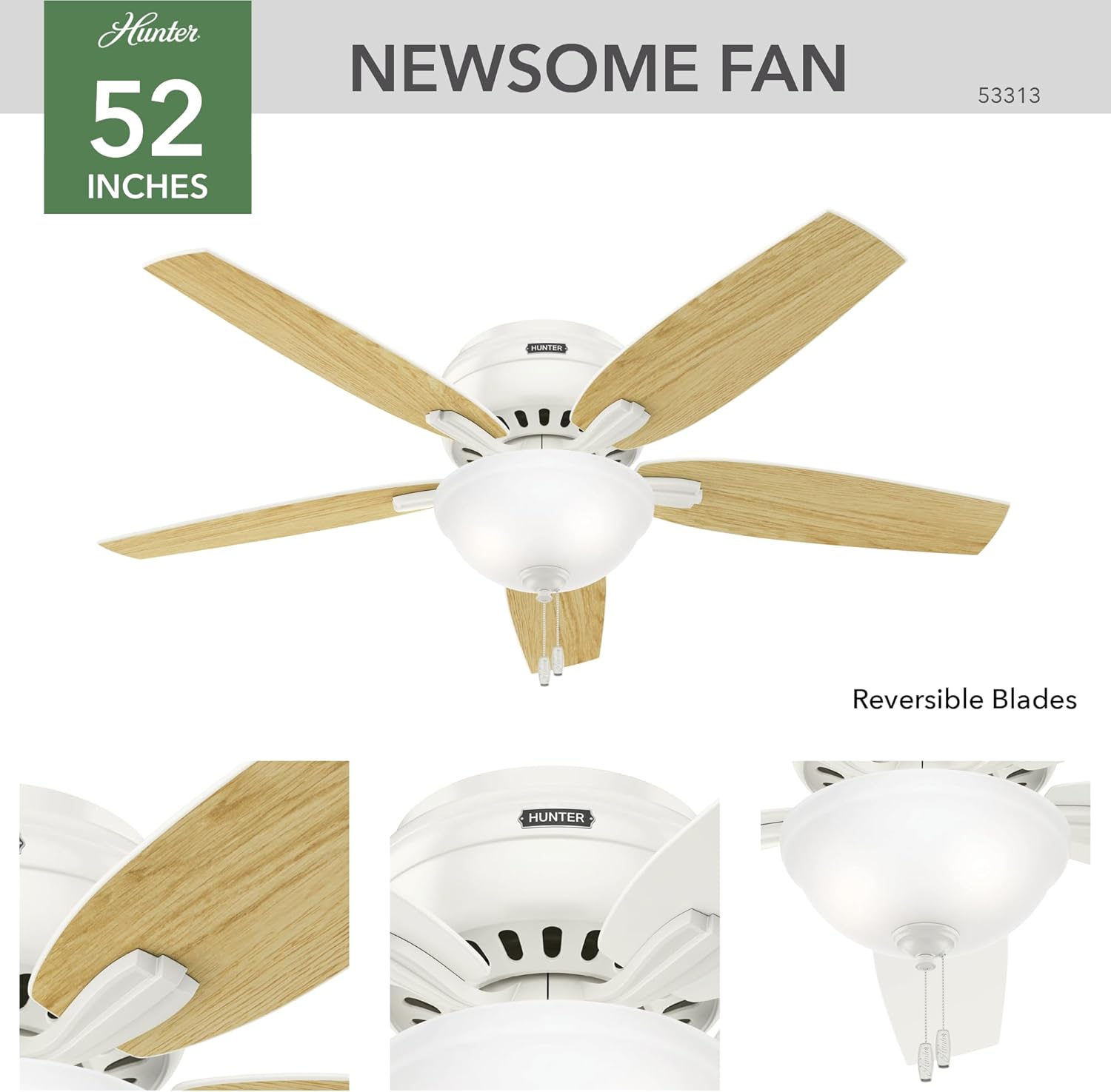 Hunter 52 inch Indoor Ceiling Fan with LED Light - White Ceiling Fan with Pull Chain, For Bedroom or Living Room, Low Profile Mount, No Remote, 5 Blades, Includes Bulbs - Newsome 53313, Fresh White