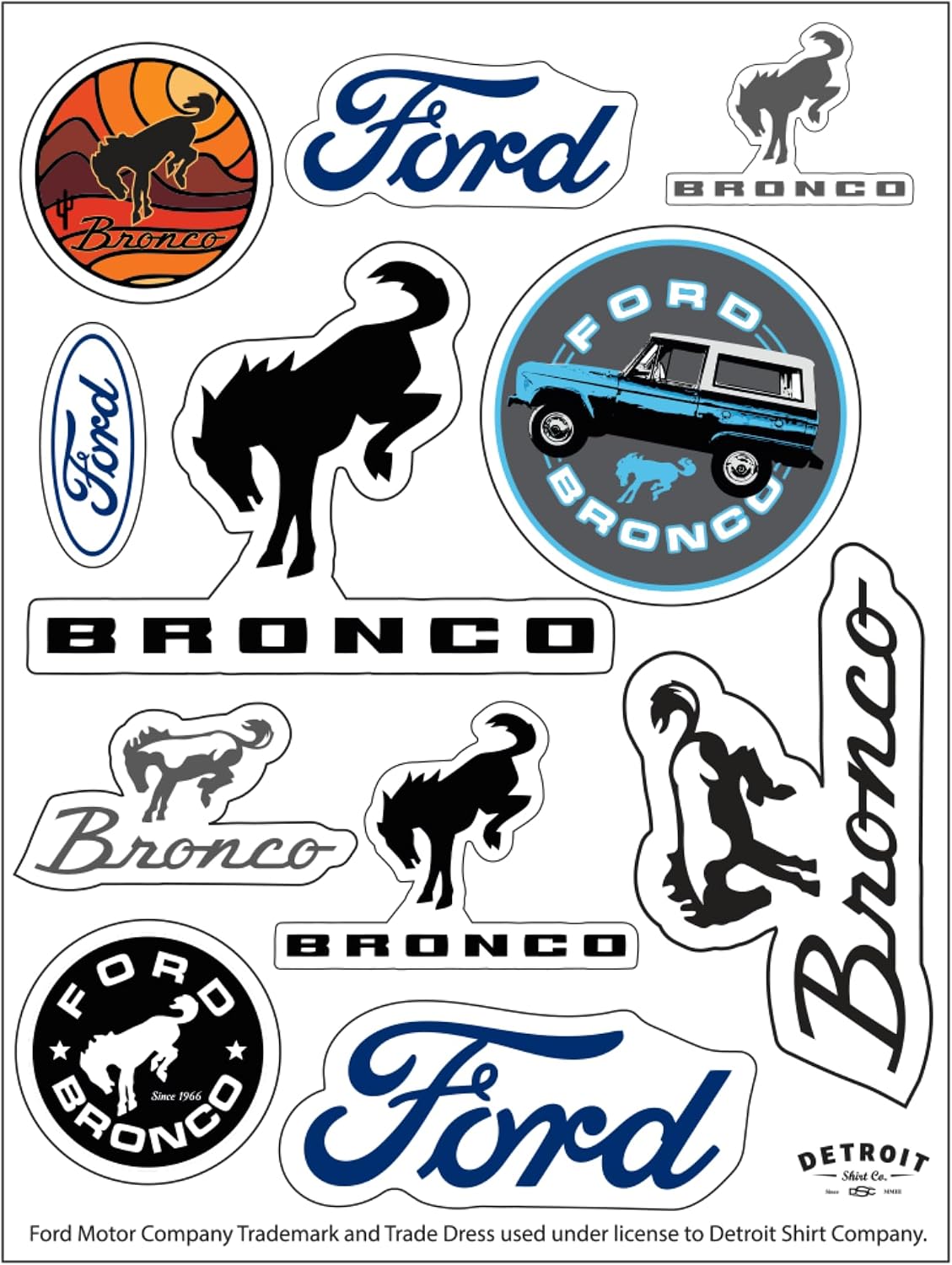 Ford Bronco 12-Decal Sticker Sheet | 6"x 8" Indoor/Outdoor Vinyl | Made in USA Peel-Off Decals