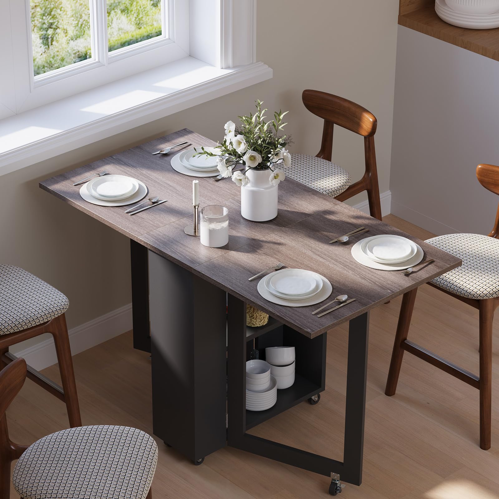 LotFun Folding Dining Table fully unfolded with two chairs