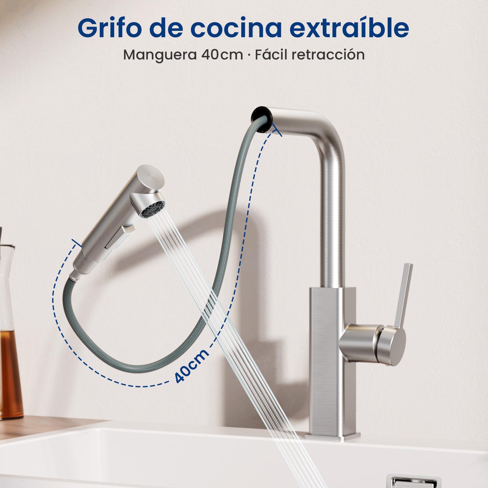 CECIPA Grifo Cocina Extraíble, Grifo Fregadero Acero Inoxidable, Grifo de Cocina Extensible, Grifo Monomando Cocina con Doble Chorro, Torneira Cozinha 360° Giratorio, Griferia Cocina Moderno
