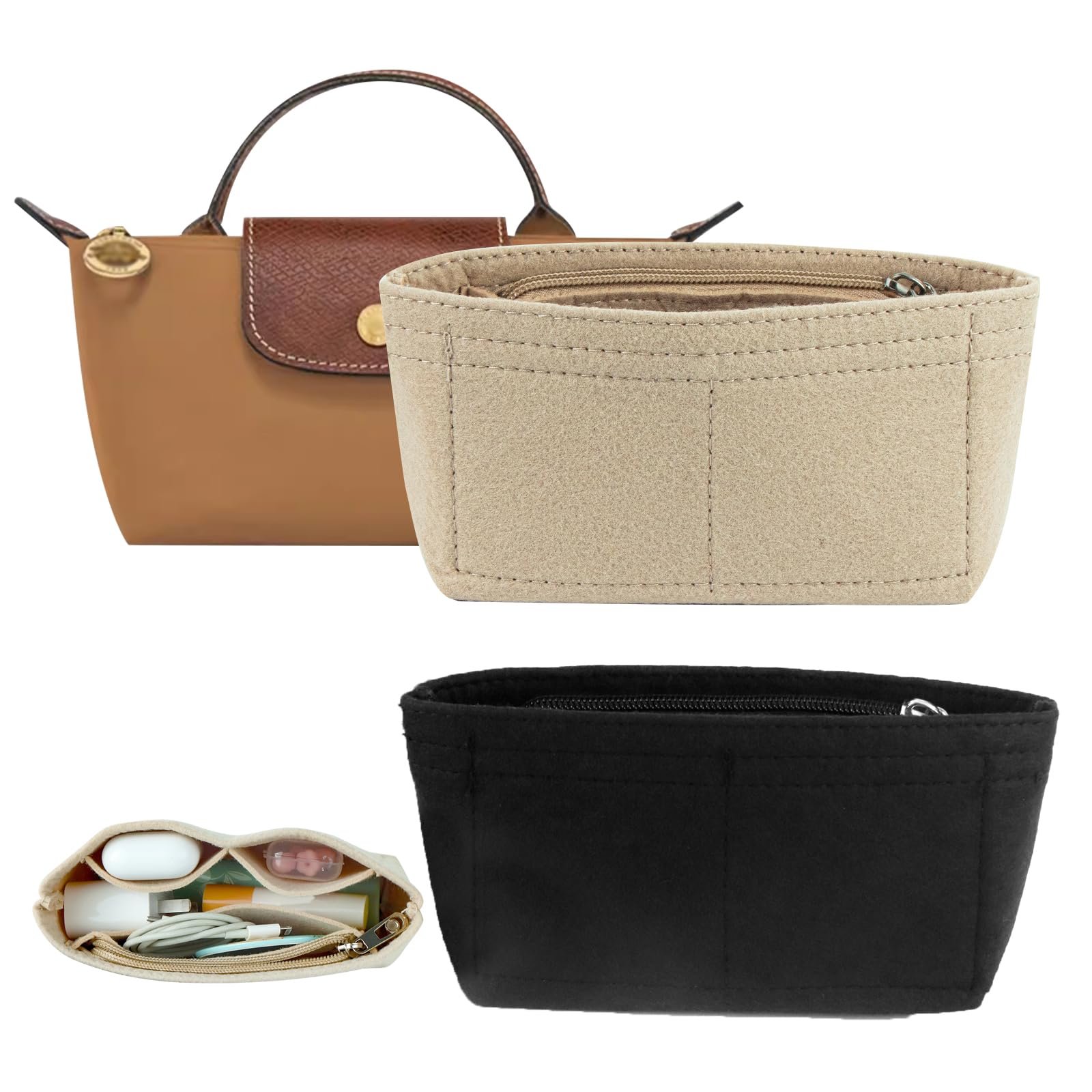 Set de 2 Organizadores de Fieltro para Bolsos Mini, Compatible con Longchamp, con Múltiples Bolsillos, Negro y Beige, 17 x 5 x 8 cm