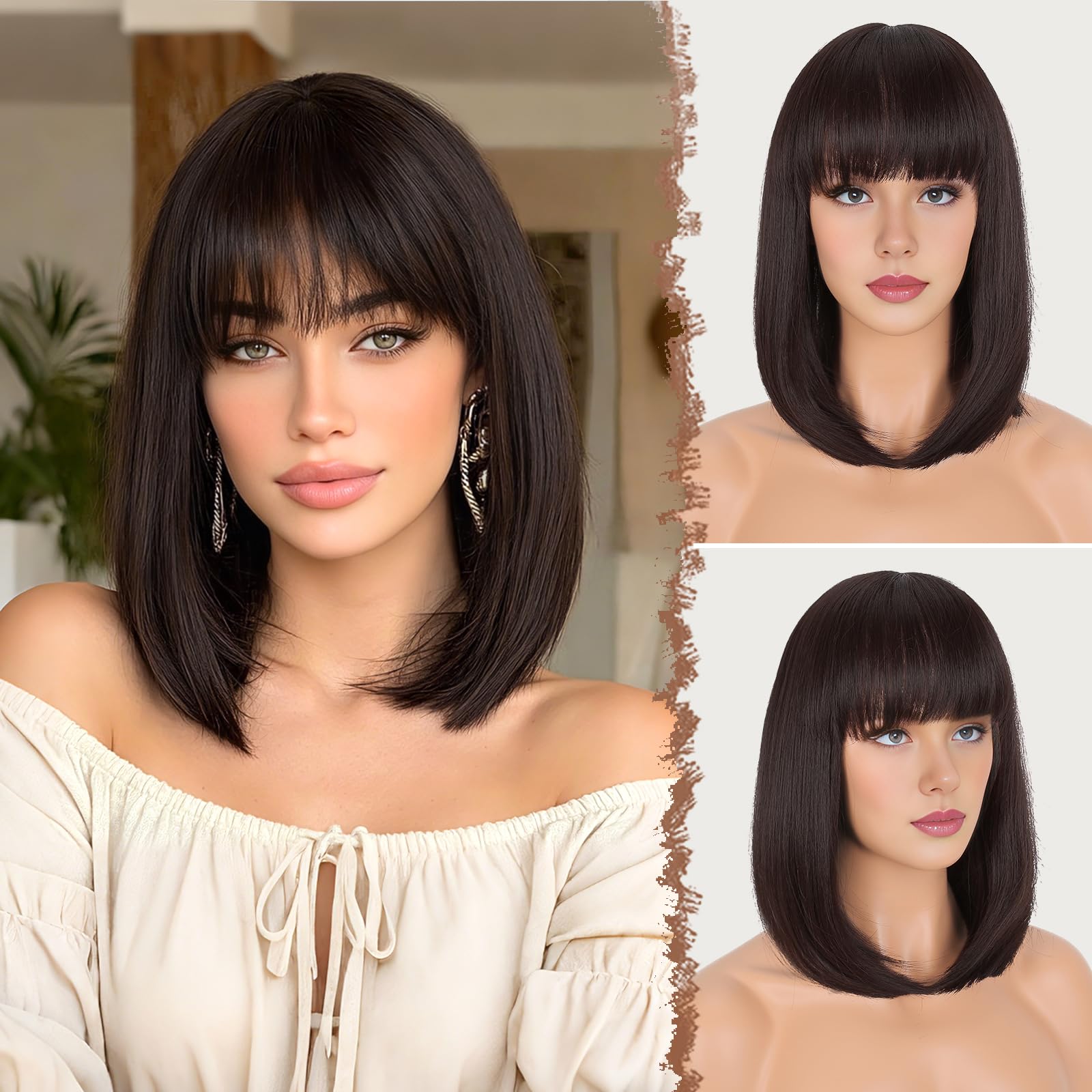FESHFEN Nero Marrone Corta Parrucca con Frangia Lisci Bob Parrucche Naturale Sintetiche Dritto Uso Quotidiano del Partito Parrucche Capelli per Donne 35cm