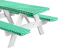Vista 11 de LINPRO Funda de mesa de picnic de 6 pies con fundas de banco, fundas de mesa de picnic ajustadas con elástico impermeable, a cuadros, mantel