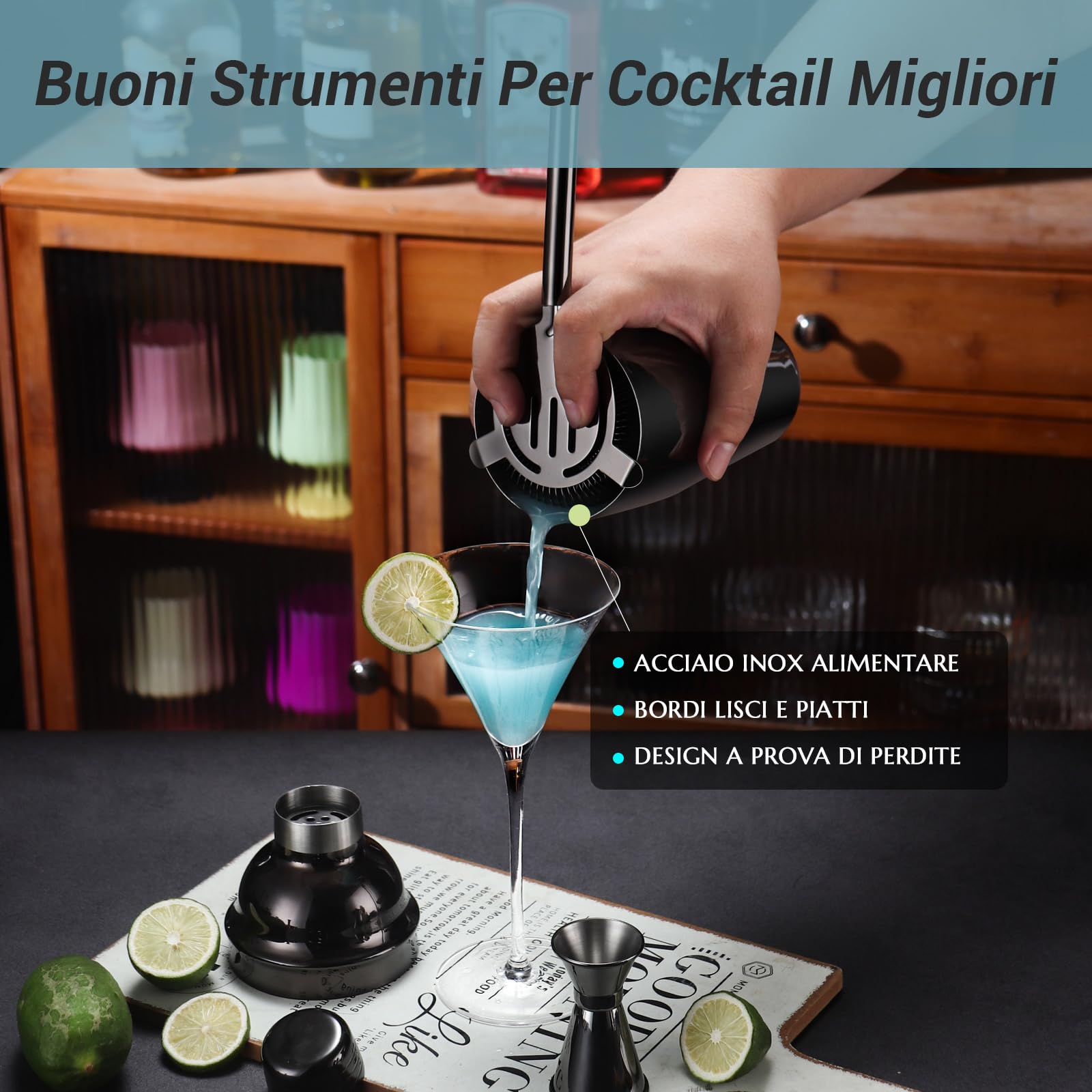 Set Shaker Cocktail Kit Barman con Supporto, Set Barman in Acciaio INOX da 750ML 12 pezzi con dosatore misurino cocktail, Kit Barman Professionale Completo per Home Bar, Regali per Papà (Nero)