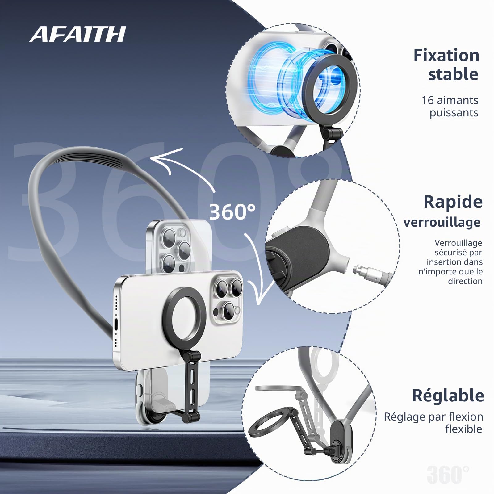 AFAITH Max Support magnétique Selfie pour téléphone de cou, support de téléphone rotatif à 360° pour POV VLOG, support Magsafe avec sangle fixe pour iPhone 15 14 13 12 Android