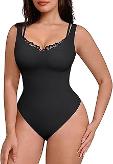 V Neck Shapewear Bodysuits for Women Sleeveless Lace Body Shaper Tummy Control Thong Bodysuits for Women