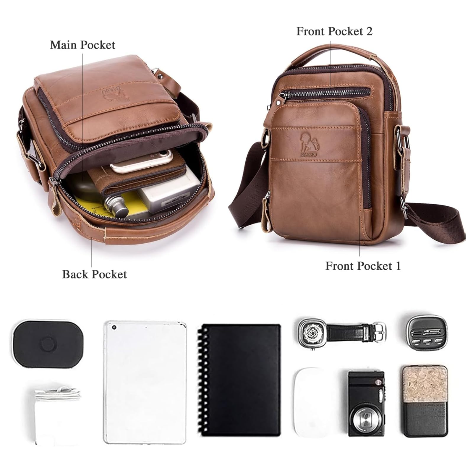 BAIGIO Bolso Hombre Bandolera Cuero Vintage Bolso Mano Hombres Bolsos Hombre Pequeño con 5 Ranuras para Tarjetas Bolsa de Hombro para Negocios, Trabajo, Viaje, Vida Cotidiana