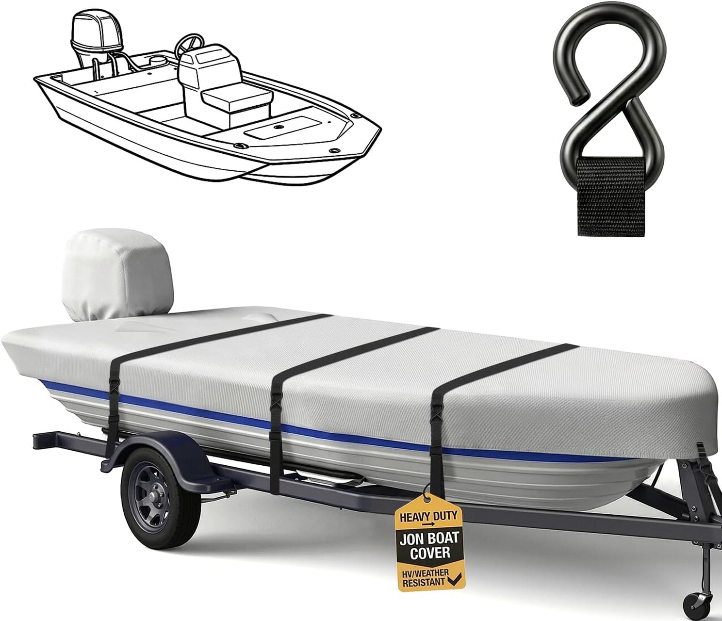 900D Jon Boat Cover with Metal Buckles,Waterproof Heavy Duty Cover for Jon Boat,Marine Grade Polyester Canvas Replacement with Motor Cover,16FT & Black