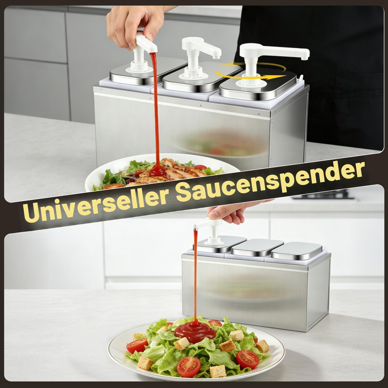 6L Saucenspender Pumpstation mit 3 Pumpköpfen Edelstahl Ketchupspender Tropffrei Lebensmittelecht Für Ketchup Mayonnaise Senf Honig Saucen 3x2L Gastro Soßenspender
