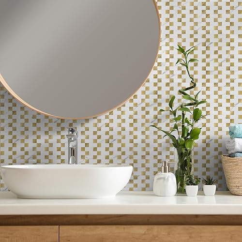 Vista 3 de Yipscazo Azulejo de protección contra salpicaduras para despegar y pegar, azulejos metálicos de acero inoxidable para paredes de cocina en mármol