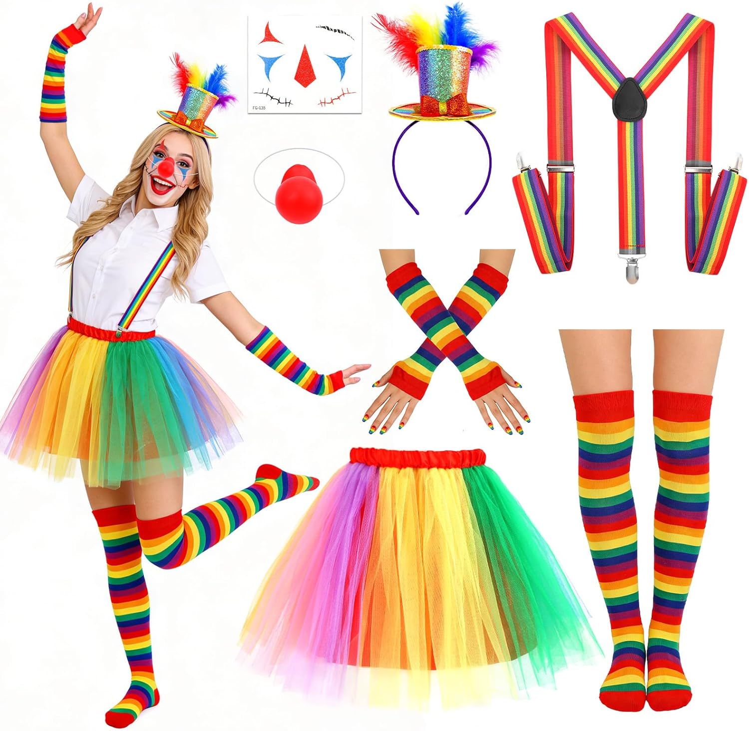 7pcs Clown Costume with Rainbow Tutu Clown Nose Face Stickers Feather Headband and Rainbow Socks Gloves Suspenders
