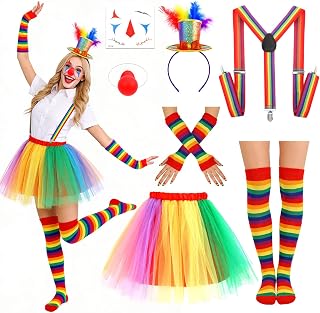 7pcs Clown Costume with Rainbow Tutu Clown Nose Face Stickers Feather Headband and Rainbow Socks Gloves Suspenders