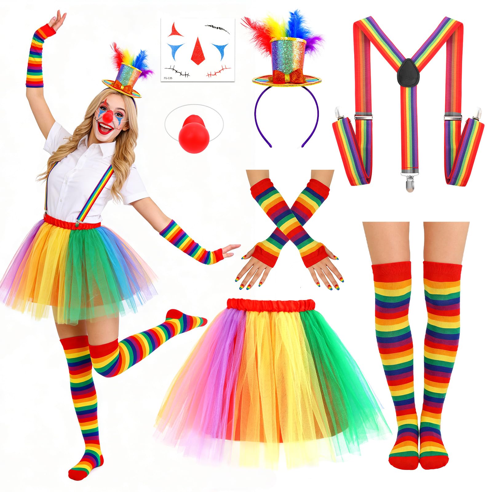 7 Piezas Disfraz Payaso Mujer Adulto, Disfraz Circo, Tutu Arcoíris Nariz de Payaso Pegatinas para la Cara Diadema de Plumas y Calcetines Arcoíris Guantes Tirantes