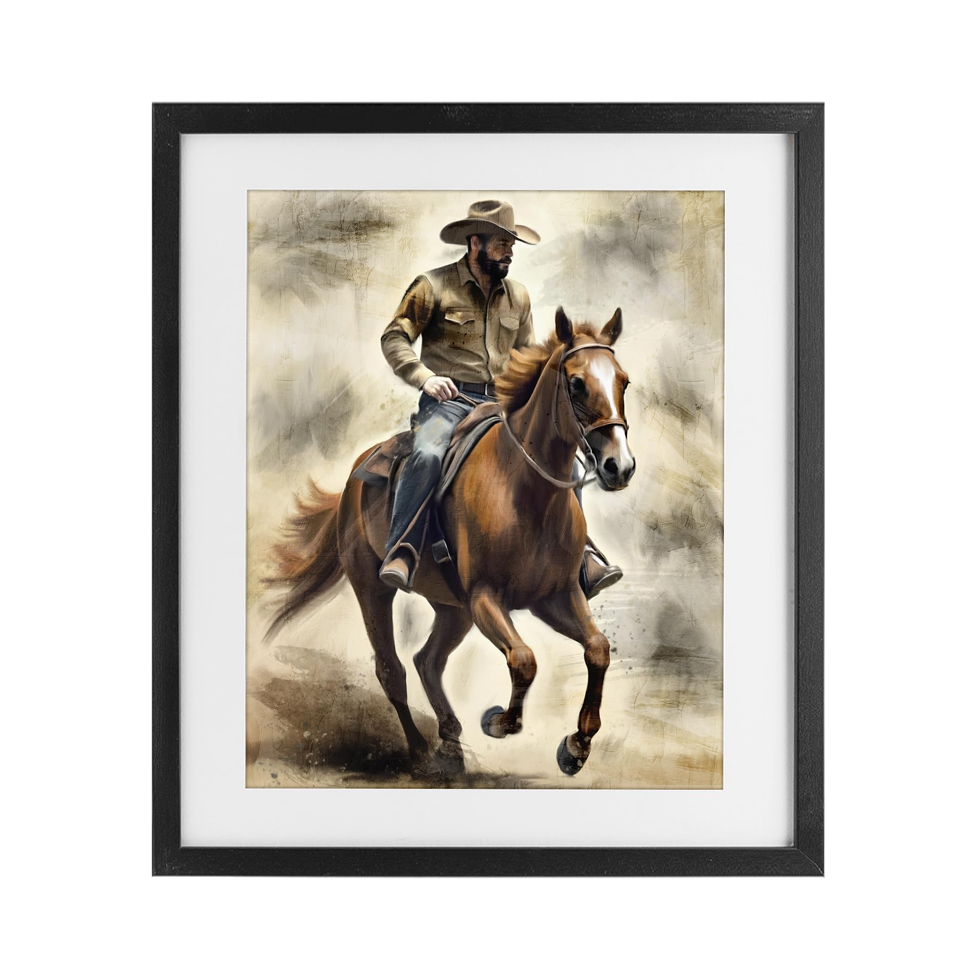 Stupell Industries Midnight Black (Textured) 'Gallop Horse & Cowboy'| Framed Print Under Glass