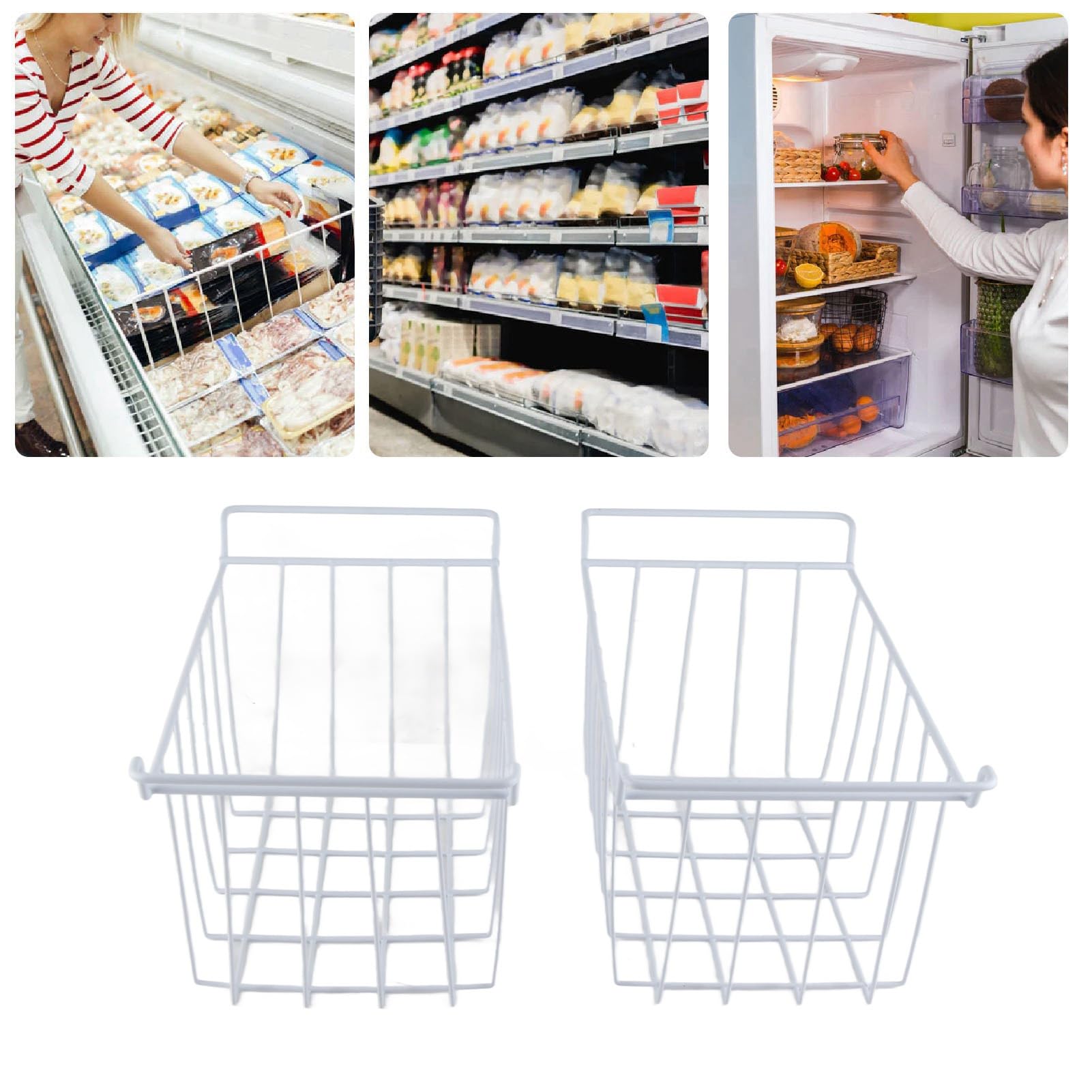 Dioche Organisateur de Rangement de Câbles de Congélateur, 2 Paniers de Congélateur Rectangulaires Blancs en Acier Inoxydable Antirouille pour Garde-manger (L 39 cm X L 20 cm X H 20 cm)