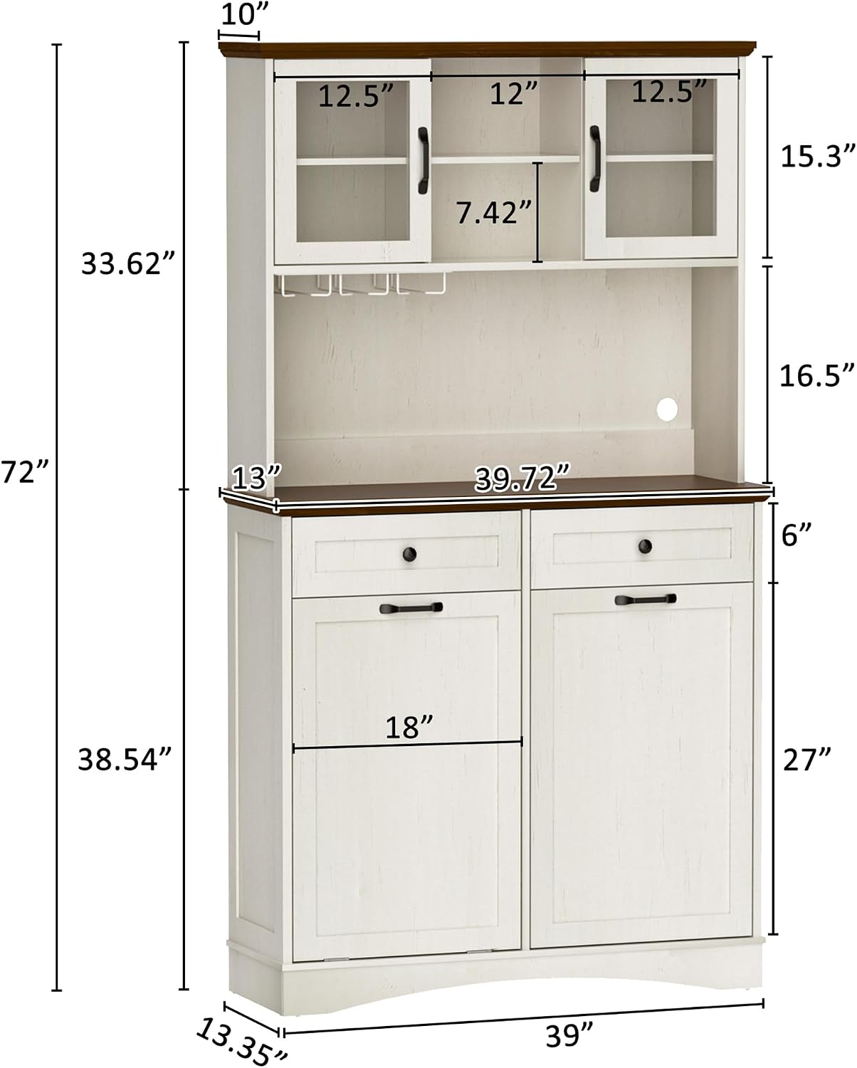 Spurgehom 13 Gallons Tilt Out Trash Can Cabinet 72" Kitchen Pantry Storage Cabinet Microwave Stand Freestanding Recycling Trash Cabinets with Drawers and Adjustable Shelves for Kitchen, Antique White