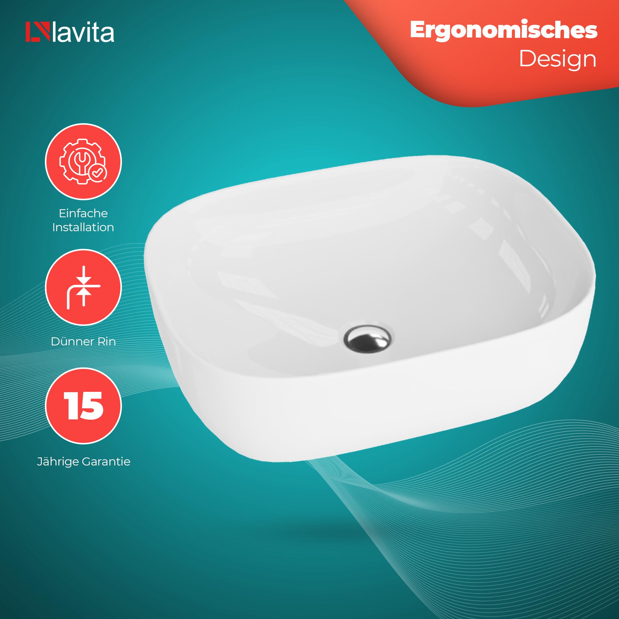 LAVITA Lavabo sobre encimera Giro Lavabo de montaje sobre encimera Rectangular Lavabo sin rebosadero y sin orificio para grifo De porcelana de alta calidad Lavadero de cerámica moderna para baño