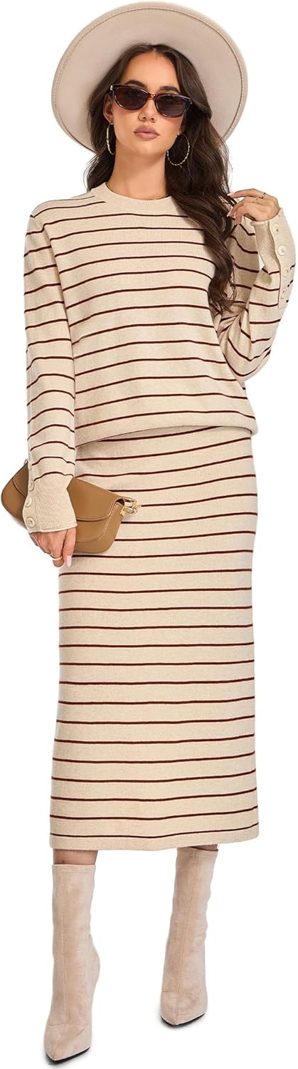 2 Piece Sweater Skirt Sets - Womens 100% Wool Striped Crewneck Knit Lounge Long Sleeve Midi Skirt Fall Winter Outfit - Image 4
