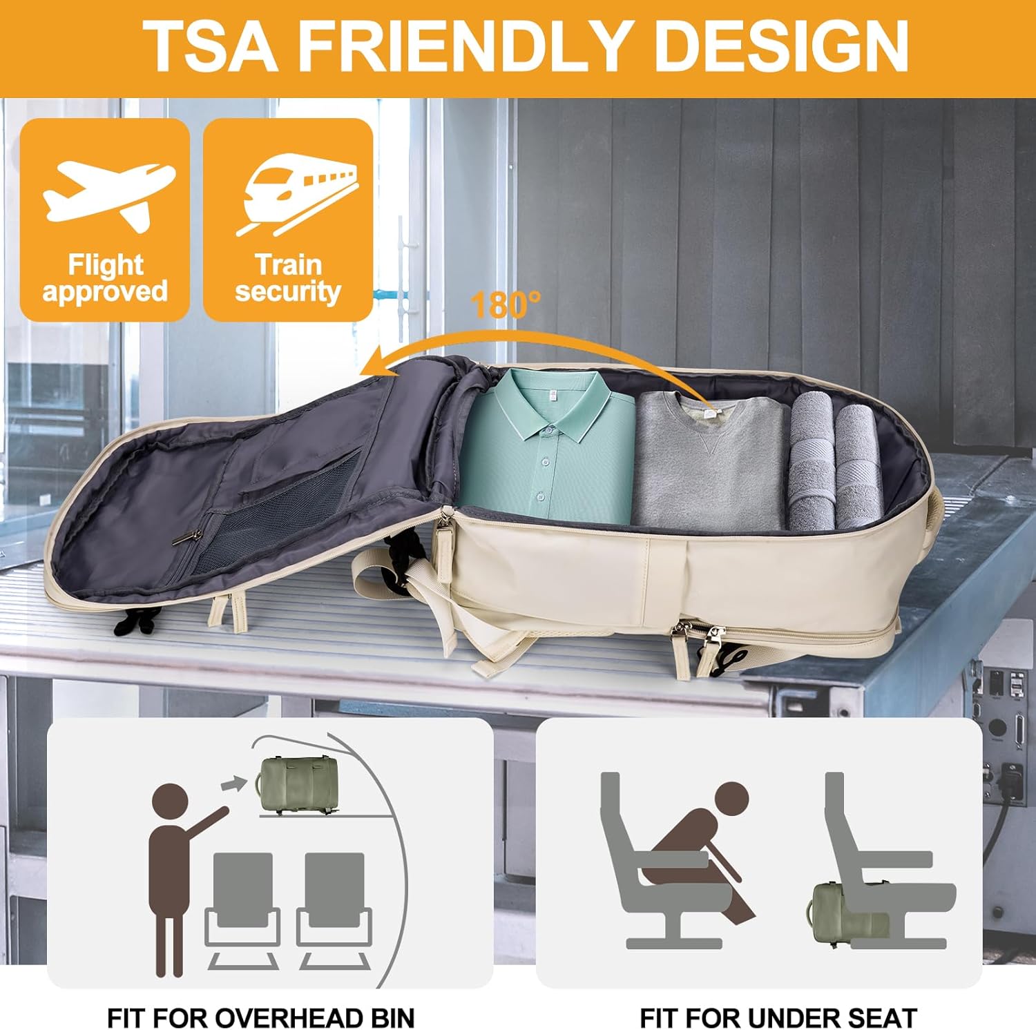 Large 40L Travel Backpack – Airline & Flight Approved Carry-On Luggage, Waterproof, Durable & Lightweight Design for College, Outdoor Sports & Weekend Getaways – Cream - Image 6