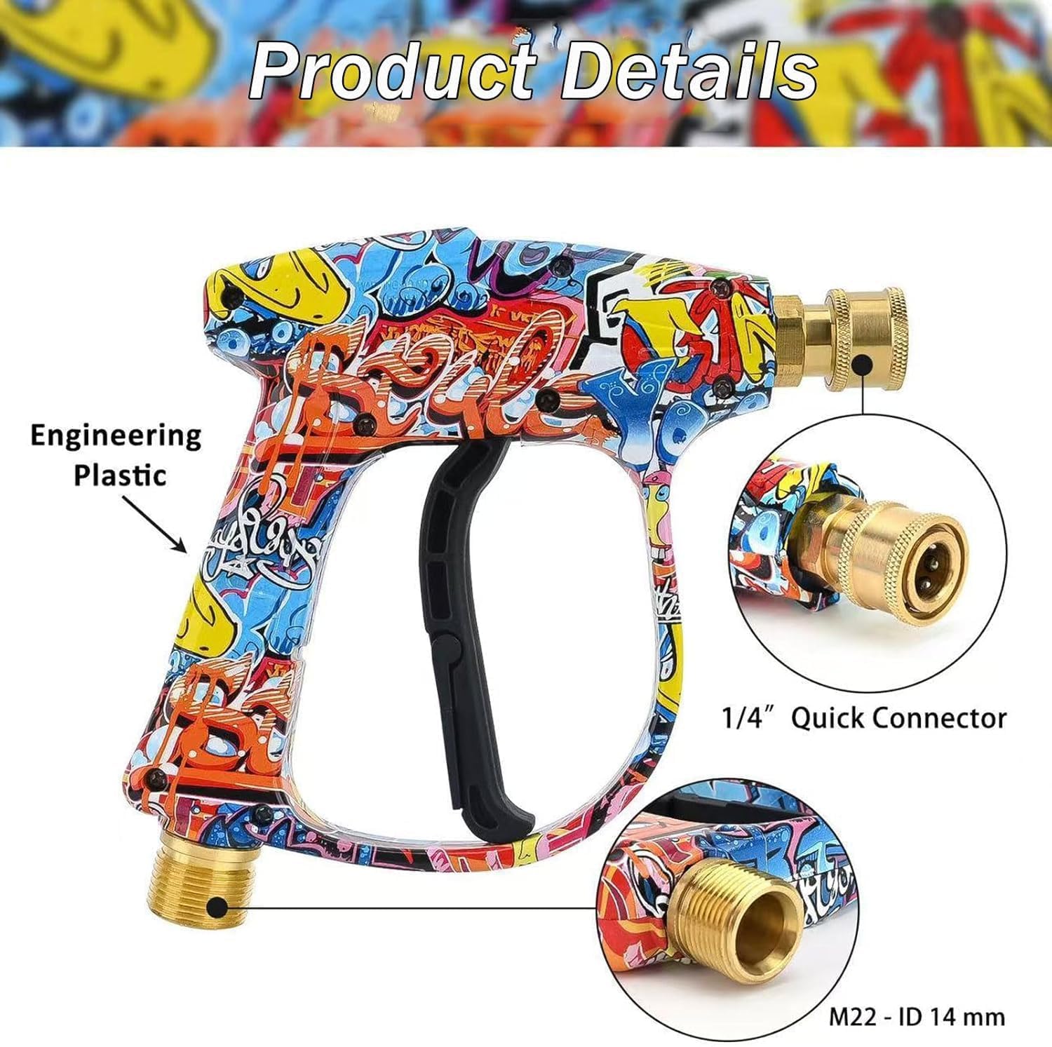 Pistolet do mycia wysokociśnieniowego Graffiti, pistolet do czyszczenia wysokociśnieniowego wyposażony w 5 dysz, kolorowy design graffiti, regulowany tryb sprayu, odpowiedni do podłóg