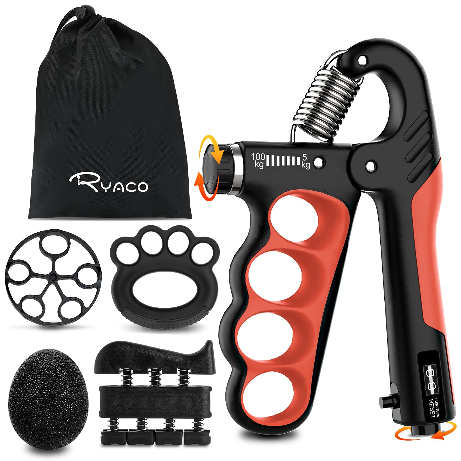RYACO Hand Grip Strengthener Workout Kit (6 Pack), Adjustable Hand and Forearm Gripper, Finger Exerciser, Finger Stretchers, Grip Ring & Stress Relief Grip Ball for Muscle Training (Red)