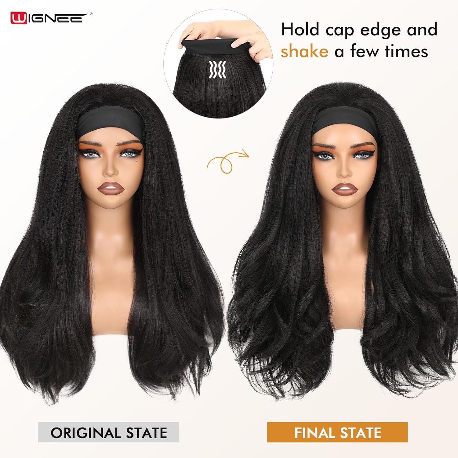 WIGNEE Yaki Curly Bandeau Perruque Synthétique Stratifiée Kink Droite Demi-Prête à Porter Sans Colle Bandeau Perruque pour Femmes Noires (1B, 66cm)