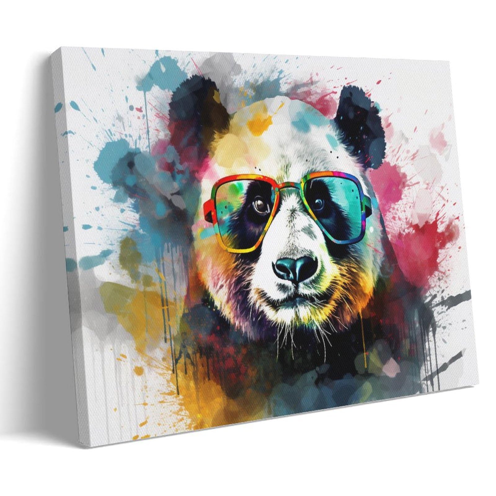 AYAROS Nature Panda Canvas Wall Art Watercolor Sunglasses Animal Posters Wall Decor Painting Art for Home Room Stretched And Framed Artwork Ready to Hang Home Decor Framed 08x12 inch