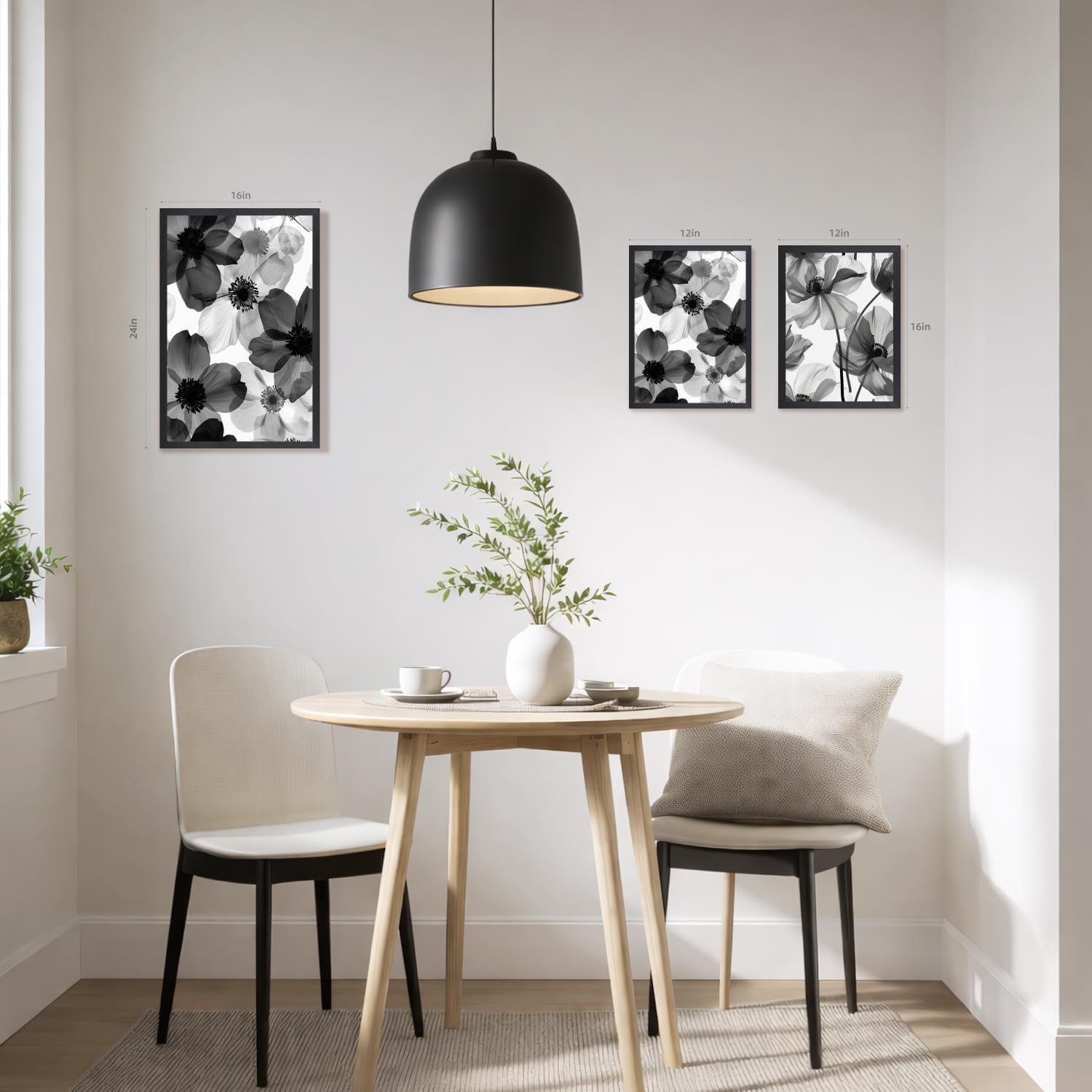 EisEver Black and White Floral Wall Art Set of 3, Neutral Minimalist Bathroom Decor, Modern Flower Canvas Prints, Elegant Nature Botanical Artworks for Bedroom Living Room Wood Framed 16x24 inch