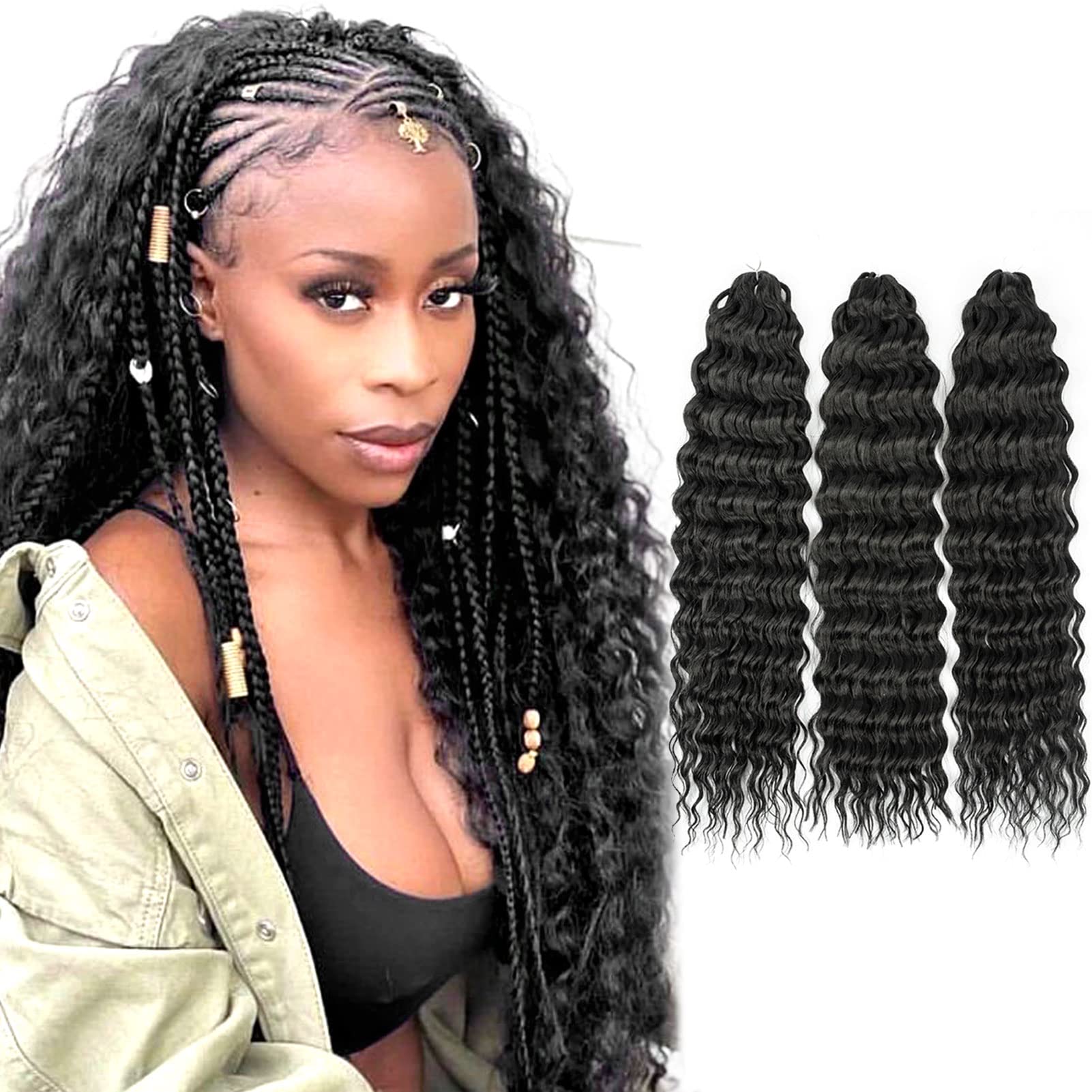 BATISI Ocean Wave Crochet Hair 18 Inch 1b Black Deep Wave Curly Braiding Hair Wavy 3 Packs Synthetic Curly Crochet Hair Beach Wave for Bohemian Crochet Braids