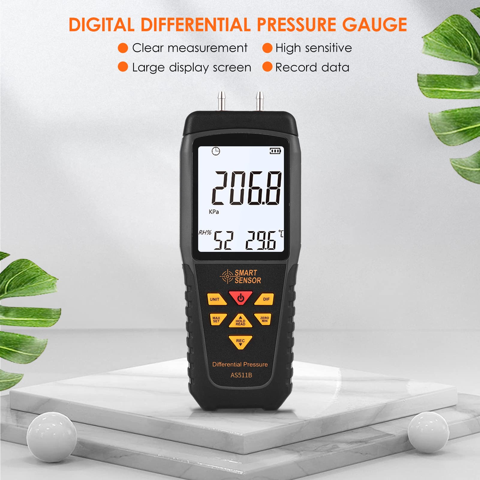 AS511B Digitales Differenzdruckmessgerät -206,8~206,8 KPA Manometer Luftgasdruckprüfgerät mit zwei Anschlüssen und LCD-Display mit Hintergrundbeleuchtung