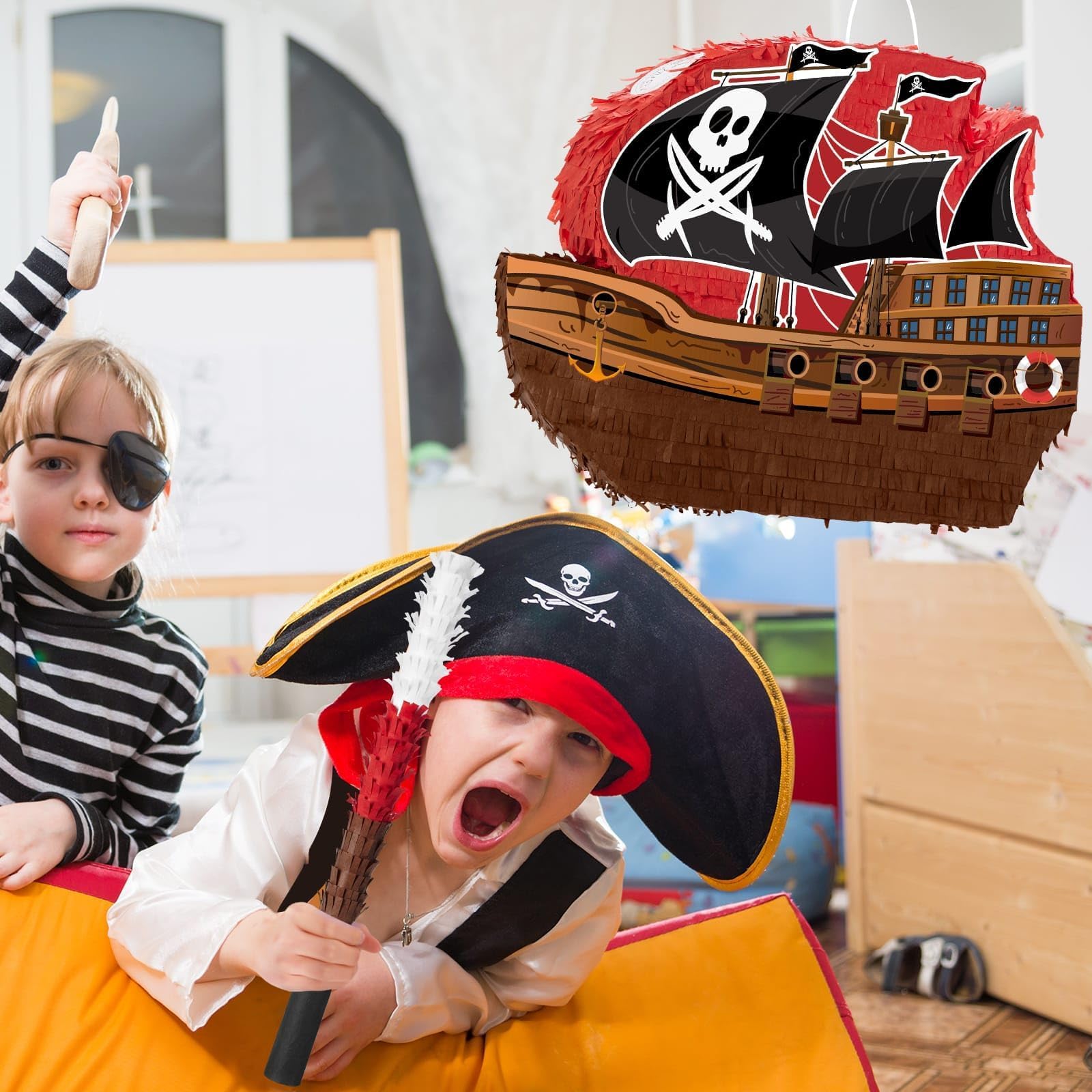 WERNNSAI Piraten Pinata – 41,9 cm x 31,6 cm x 7,5 cm Pirat Pinata Geburtstag Junge Kinder Piraten Piñata mit Stock Augenbinde Piñata Komplettes Set Abenteuer Partyspiel