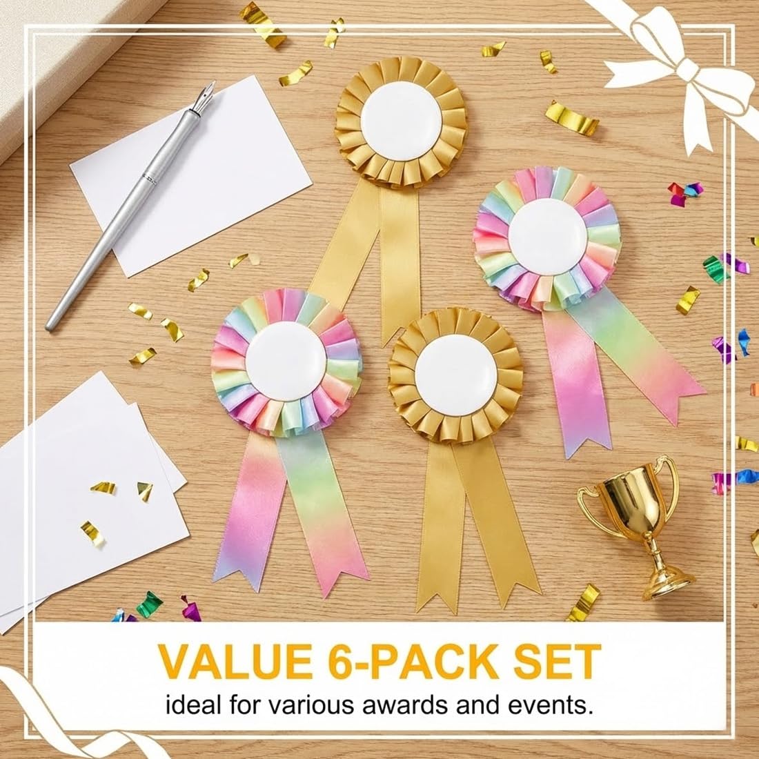 6 PCS Accessori Hobby Horse, Rosette per Cavallo Vincitore, Nastri Decorativi per Cavallo a Dondolo (Oro, Argento, Arcobaleno, Rame)