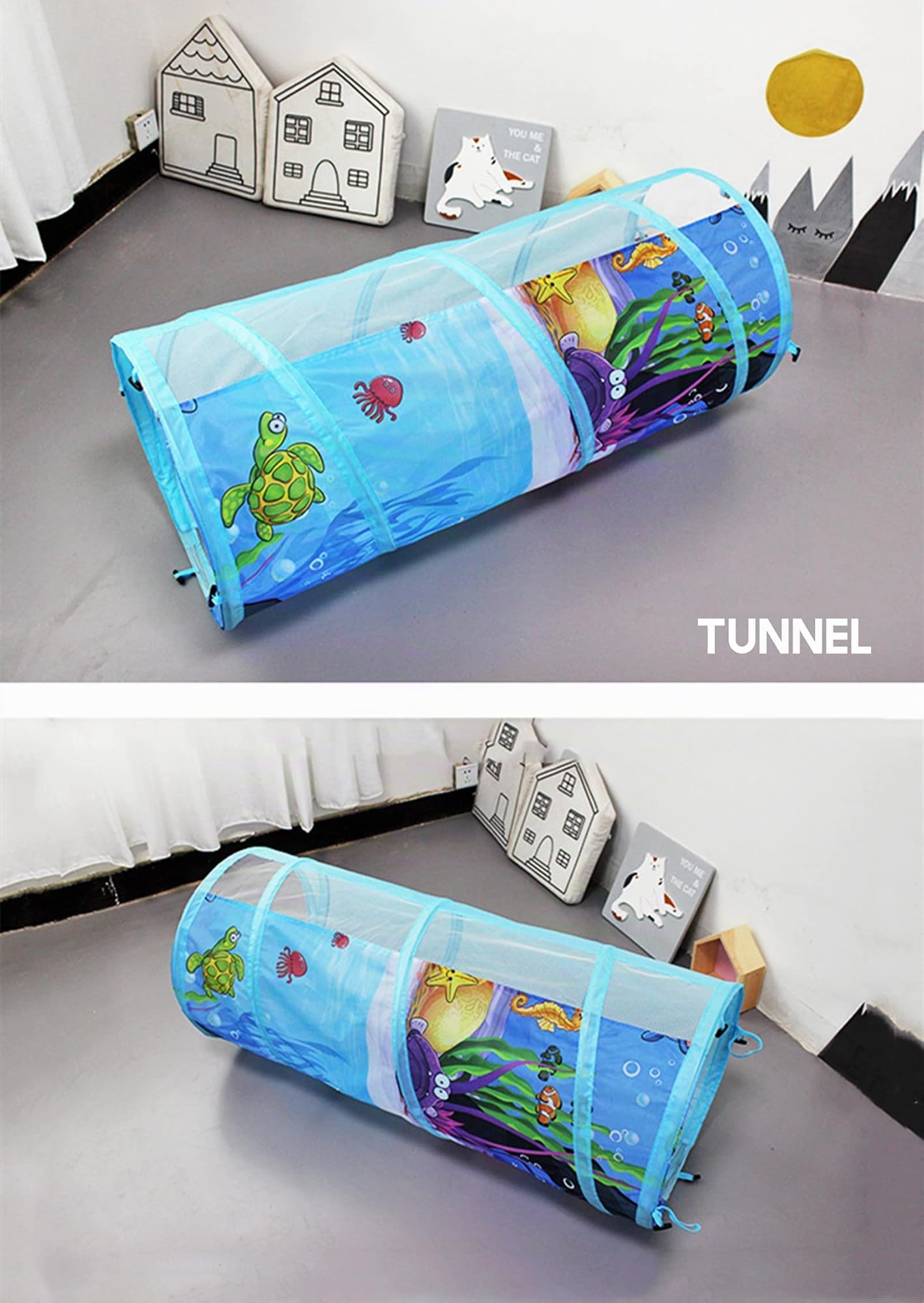 3 in 1 spielzelt mit Tunnel, kinderzelt mit Tunnel,Blue Ocean Kinderzelt,krabbeltunnel mit Zelt, großes Gartenspielhauszelt,Mädchen drinnen und draußen