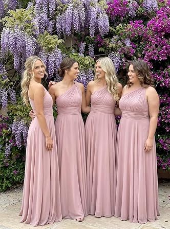 One Shoulder Chiffon Bridesmaid Dresses with Slit Ruched Ruffles Long Formal Wedding Guest Dress