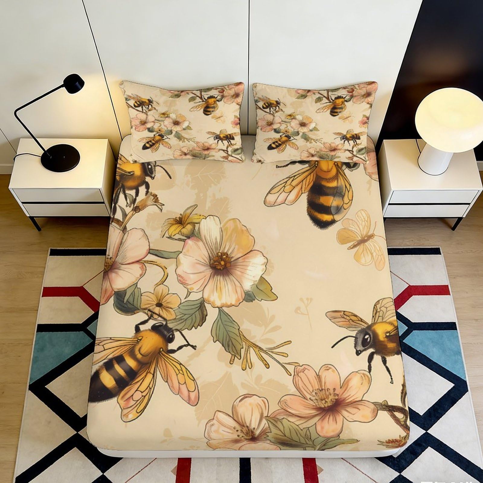 3D Printed Bee Flower Fitted Sheet Microfiber Soft Breathable Honey Garden Mattress Cover for Bedroom Dorm Decor 120x200x25cm