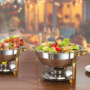 Chafing Dishes for Buffet, 4 Pack 6QT Round Chafing Dish Buffet Set [Elegant Gold and Silver Colors] Stainless Steel Buffet Servers and Warmers for Catering Events Parties Dinners with Complete Set