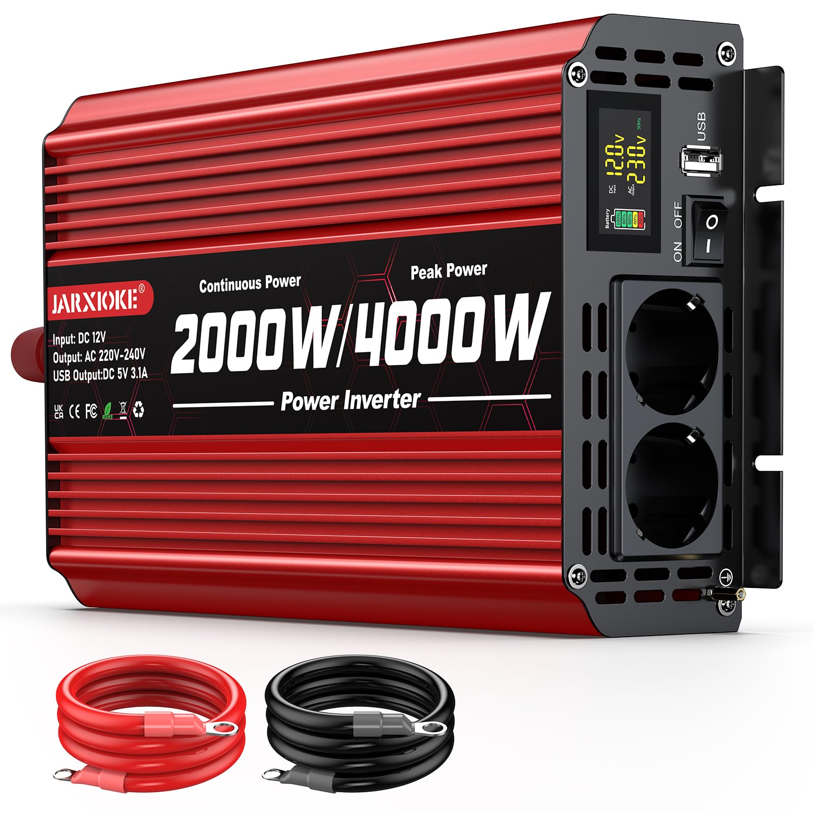 Przetwornica napięcia 2000 W, DC 12 V na AC 230 V, 2 gniazda AC i port USB, przetwornik prądu z wyświetlaczem LCD, do samochodów osobowych, przyczep kempingowych, ciężarówek