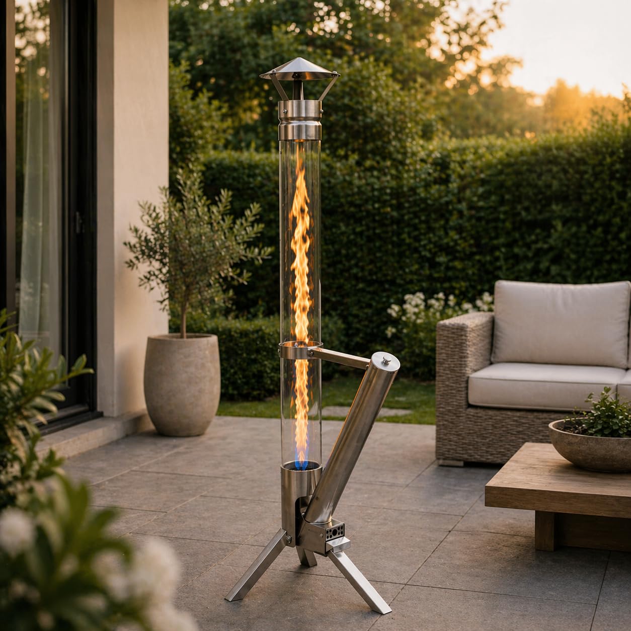 Eden Outdoor Feuerrohr Klassik,Edelstahl Feuersäule und Pelletfackel, Elegante Terrassenheizer und Gartenkamin, stilvolles Terrassenfeuer, langlebig und wetterfest, Alternative für Deine Terrasse