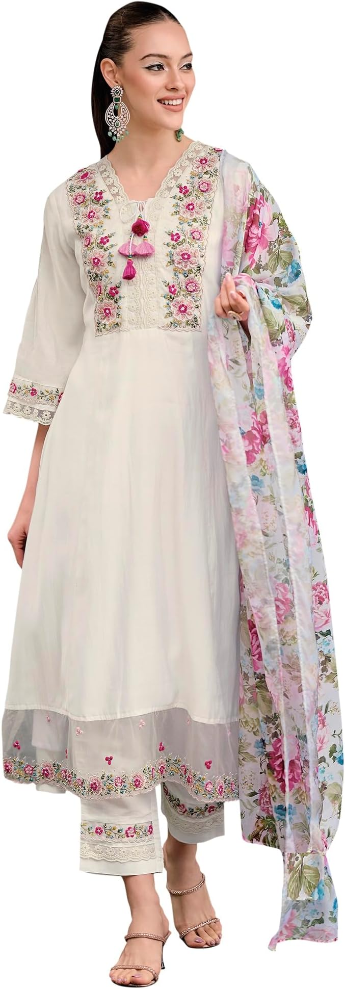 Women's Silk Blend Embroidered Anarkali Kurta & Pant With Dupatta Set